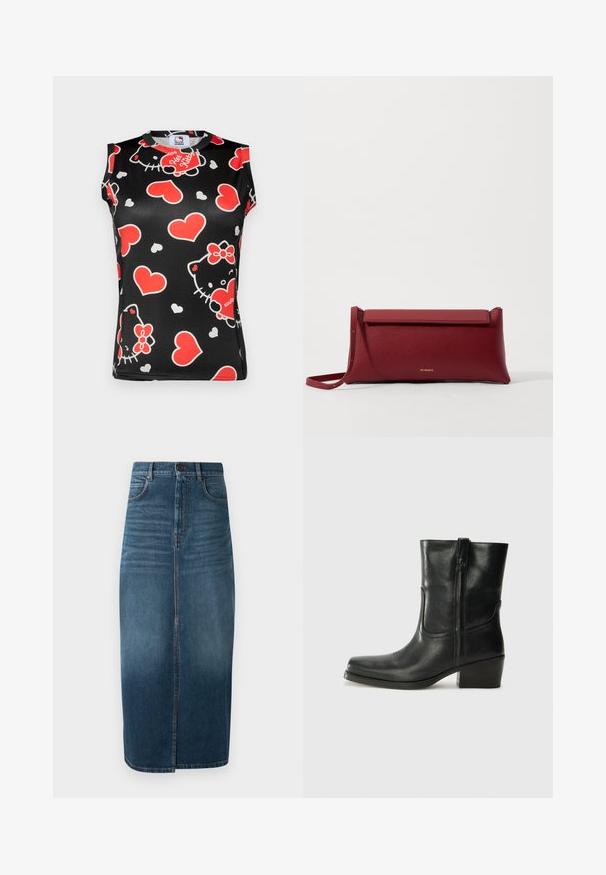 Top senza maniche nero con un motivo colorato di facce di Hello Kitty e cuori rossi. Realizzato in tessuto liscio con scollatura rotonda.; Gonna midi in denim di colore indaco scuro, con spacco frontale e una leggera sfumatura. Design classico a cinque tasche con chiusura a bottone in metallo.; Stivale ankle in pelle nera con punta arrotondata, tacco a blocco, cerniera laterale e dettagli in cucitura sulla tomaia. Texture liscia, design classico.; Borsa a pochette rossa in pelle con finitura texturizzata, dotata di un sopra pieghevole piatto e di una tracolla corta. Logo del marchio discreto sulla parte anteriore.