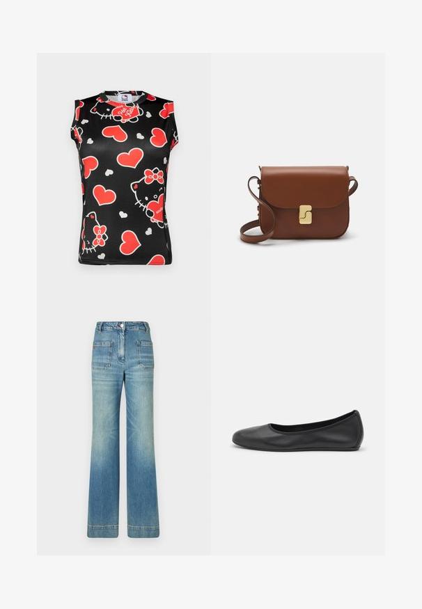 Čierny top bez rukávov s farebným vzorom tvárí Hello Kitty a červenými srdcami. Vyrobený z hladkej látky s okrúhlym výstrihom.; Svetlomodré rifľové rozšírené džínsy s piatimi vreckami, pútkami na opasok, zapínaním na gombík a mierne blednutou textúrou, s červeným logom na zadnej strane.; Čierne kožené baleríny s okrúhlou špičkou, hladkým povrchom, minimálnym prešívaním a flexibilným dizajnom podrážky.; Hnedá kožená kabelka s klopou, zlatými kovovými prvkami, ramenným popruhom a hladkým povrchom. Kompaktný obdĺžnikový tvar.