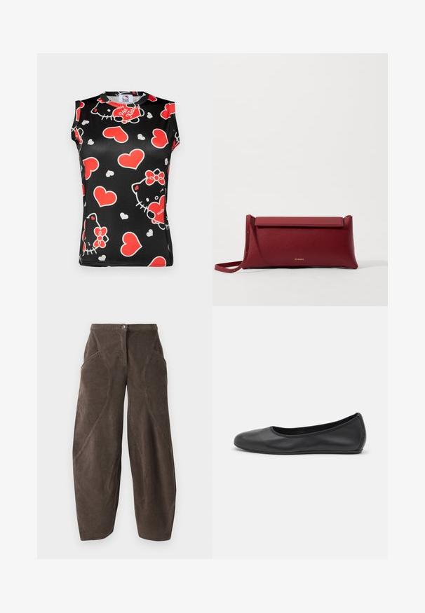 Top fără mâneci, de culoare neagră, cu un model colorat de fețe Hello Kitty și inimi roșii. Fabricat dintr-un material neted, cu un decolteu rotund.; Pantaloni din catifea groasă, largi, de culoare maro, cu talie înaltă, închidere frontală cu nasture și detalii cu cusături în unghi pe picioare.; Balerini din piele neagră, cu vârf rotund, textură netedă, detalii de cusătură minimale și un design al tălpii flexibil.; Geantă de mână roșie din piele cu o textură rafinată, având un capac plat pliat și o curea scurtă. Logo-ul subtil al mărcii pe față.