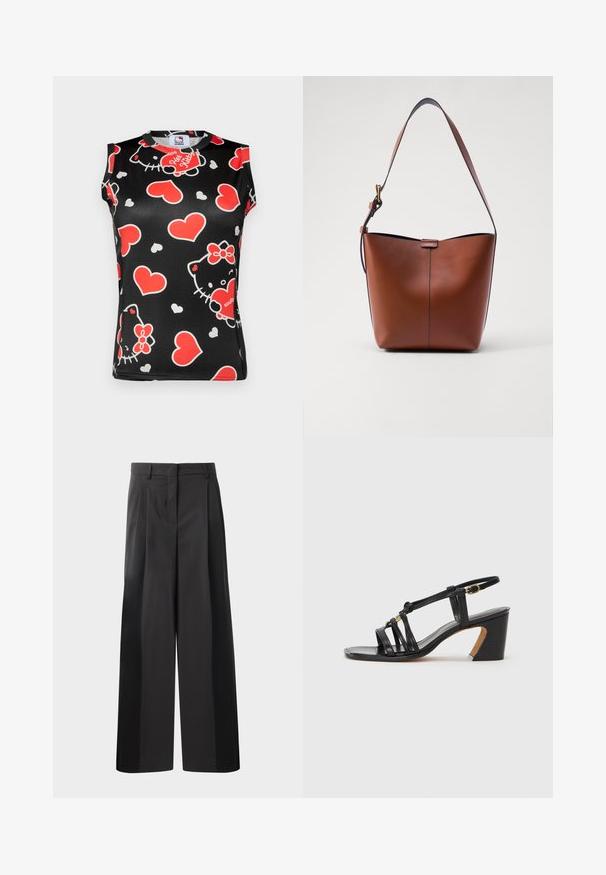 Melns bezpiedurkņu tops, kas rotāts ar krāsainu Hello Kitty seju un sarkano sirdžu motīvu. Izgatavots no gludas auduma ar apaļu kakla izgriezumu.; Melni platajā kājās bikses ar augsto jostasvietu, kas ar priekšējiem krokām, gludu tekstūru un pielāgotu apdari. Veidotas relaksētai piegrieztei.; Paul Smith AMIRA - Klasiski papēži - black; Brūna ādas plecu soma ar izliekta formu, gludu tekstūru un vienu plānu siksnu. Iekļauj subtilu šuvumu un mazu logotipa detaļu.