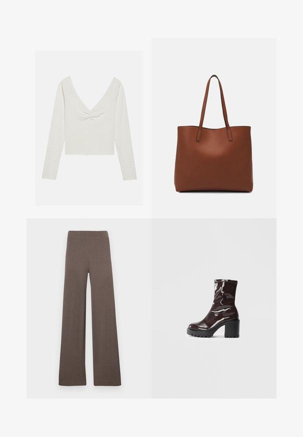 Dlouhý rukáv, smetanový top s hlubokým V-výstřihem a uzlovým detailem na přední straně, vyrobený z texturované látky a se zkráceným lemem.; Žebrované široké kalhoty v tmavě hnědé barvě s elastickým pasem a měkkou, texturovanou látkou.; Lesklá bordó kotníková bota s masivním černým podpatkem, se hladkým povrchem a jednoduchým designem. Žádné viditelné zapínání ani vzory.; Hnědá kožená taška přes rameno s hladkou texturou, otevřeným designem a dvěma ramenními popruhy. Obsahuje minimální švy a žádné viditelné kovové prvky.