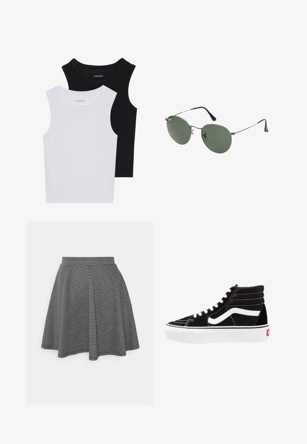 Kaks lühikeste varrukateta toppi mustas ja valges, valmistatud ribakudumist, ümarate kaelustega ja sobiva disainiga. Mõlemal on nähtavad sildid.; Mustvalge ruuduline skater seelik, millel on sobiv vöökoht ja laienev ääreosa, valmistatud tekstuurilisest kangast, mis näitab klassikalist mustrit.; Mustad mustad sneakers valge paeltega, valge logo ja kontraste valge õmblusega. Omab paksu valget talda ja tekstureeritud nahkiga ülemist osa.; Metallist raamistikuga prillid ovaalsete roheliste läätsedega. Õhuke hõbedane metallraam ja mustad kõrvakatted. Minimalistlik disain, nähtavad logod puuduvad.