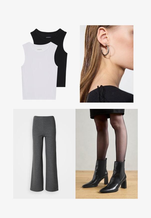 Două topuri fără mâneci, în alb și negru, fabricate din bumbac ribbed, având decolteuri rotunde și un design ajustat. Etichetele sunt vizibile pe ambele.; Pantaloni cu talie mare, de culoare gri, dintr-un material moale, având o textură netedă și un design fără închizători vizibile.; Botine negre din piele, cu vârful ascuțit, toc pătrat masiv și un design elegant. Au panouri laterale elastice pentru o îmbrăcare ușoară.; Cercel din argint cu un finisaj polișat, având detalii mici din aur și o formă rotundă, purtat pe lobul urechii.