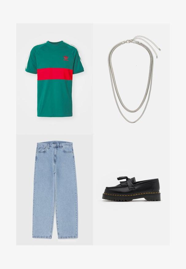 Grønn bomull T-skjorte med en rød horisontal stripe, med hvite skulderstriper og et brodert logo på brystet. Korte ermer, rund hals.; Lyseblå denimjeans med rett ben-design, med mid-rise liv, fem lommer og knap og lynlås lukning.; Svart skinn loafers med en kvastdetalj, med en tjock svart sula och gul sömnad längs kanten. Texturerad yta.; Tre-lags sølvmetallkjede med elegante, fleksible kjeder med en svak glans, sikret med en krabbe-lås og justerbar kjede.