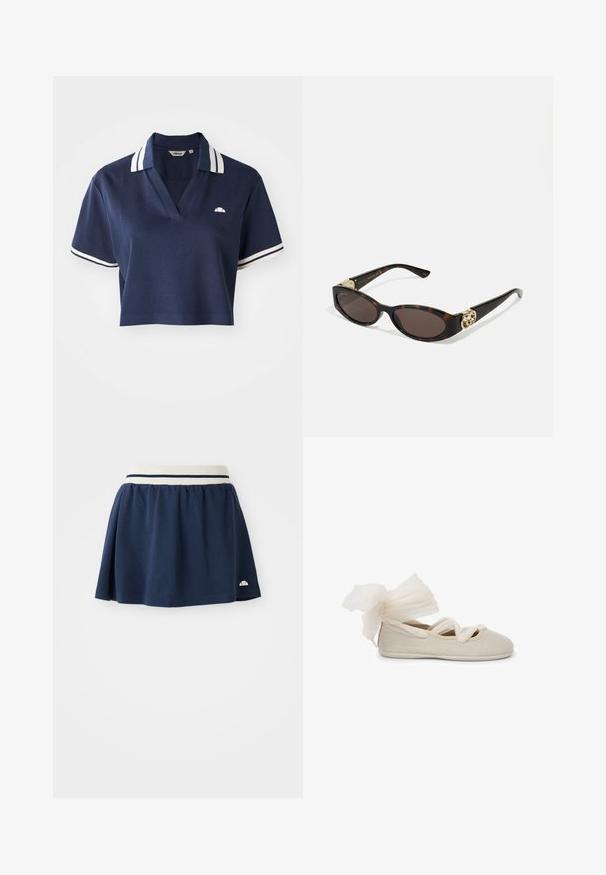 Polo shirt blu navy corto con scollo a V, colletto a righe bianche e maniche corte, con un piccolo logo sul lato sinistro del petto.; Gonna blu navy realizzata in tessuto morbido con una cintura elastica bianca caratterizzata da due strisce blu navy e un piccolo logo sull'orlo inferiore.; Ballerina beige con finitura testurizzata, dotata di un elegante fiocco in tessuto trasparente sul tallone e di fasce intrecciate sulla parte superiore.; Occhiali da sole tartarugati con lenti ovali allungate, tonalità marrone, accenti dorati con logo sulle tempie e aste nere eleganti.