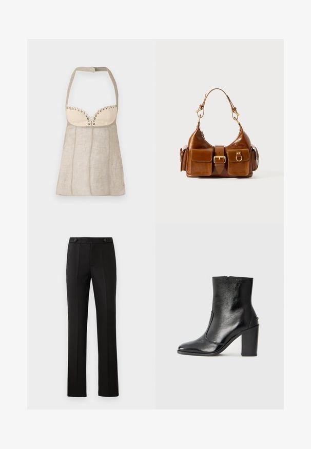 Halter-top in lichtbeige linnen met een gestructureerde buste, voorzien van decoratieve eyelets en een uitlopende, A-lijn silhouet.; Zwarte op maat gemaakte broek met een rechte pijp, twee voorzakken, een knoopsluiting en plooien aan de voorkant. Glad textuur van de stof.; Zwarte leren enkelboot met een gladde textuur, spitse neus en een gedurfde hoge hak. Beschikt over een zijopening en een minimalistisch ontwerp.; Bruine leren handtas met een gebogen vorm, dubbele gouden hardware, twee voorzakken en een brede schouderband. Soepele textuur met een elegante afwerking.