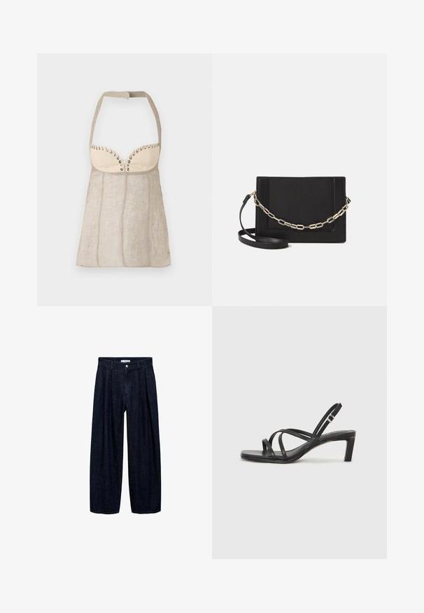 Halter-top vaaleanbeigeestä pellavasta, jossa on rakenteellinen rintaosa, koristeelliset rei'itykset ja liehuva A-linjainen leikkaus.; Tummansinisiä leveälahkeisia housuja, joissa on laskoksia vyötäröllä, etupainike ja vyön lenkit. Sujuva rakenne ja täyspitkä muotoilu.; Mustat hihnalligat, joissa on neliön muotoinen kärki ja matala lohkokorko. Ominaisuuksiin kuuluu useita ohuita hihnoja ja säädettävä nilkkahihna. Valmistettu sileästä nahasta.; Musta nahkainen olkalaukku, jossa on sileä pinta, suorakulmainen muoto ja metalliketju yksityiskohtana edessä. Mukana säädettävä hihna.