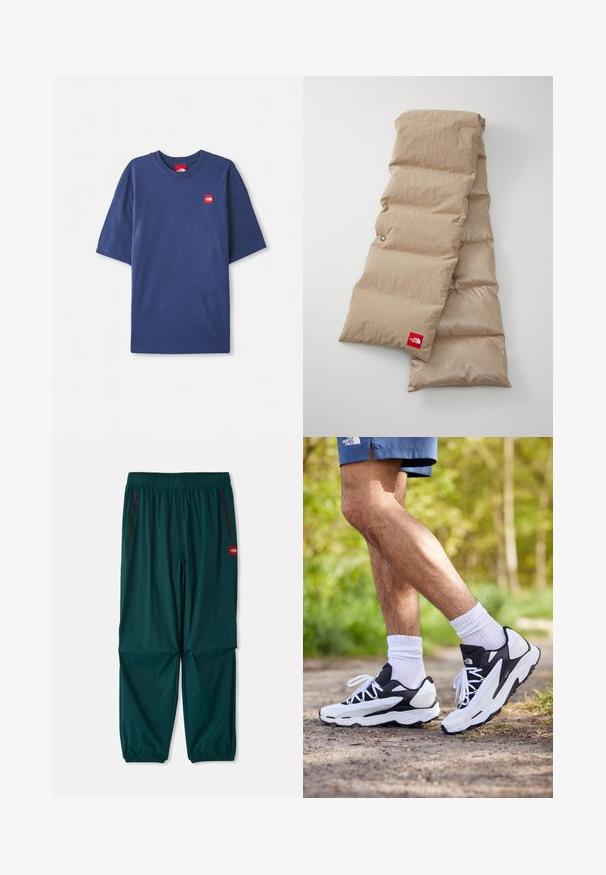Marineblå kortermet t-skjorte laget av bomull, med rund hals og en liten rød logo på brystet.; Utendørsbukser i mørk teal, med elastisk midje, to glidelås lommer på sidene og elastiske mansjetter ved anklene. Lett materiale.; Svart-hvite joggesko med mesh-overdel, teksturerte detaljer og hvite snøringer. Brukes med hvite ankelstrømper og marineblå shorts på en sti.; Beige puffer skjerf med en teksturert ytterside, består av polstrede seksjoner, og har en rød logoetikett på den nedre kanten.