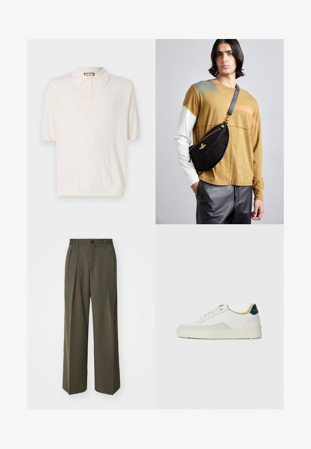 Polo shirt a maniche corte in crema con colletto classico, pattina con quattro bottoni e orlo a coste. Realizzato in un tessuto morbido e leggero.; Filippa K WIDE TROUSERS - Pantaloni - driftwood; Sneaker bianco con accenti in camoscio, punta rotonda, lacci piatti e suola in gomma crema. Presenta un marchio verde sul tallone.; Vivienne Westwood CITY BUMBAG UNISEX - Marsupio - black
