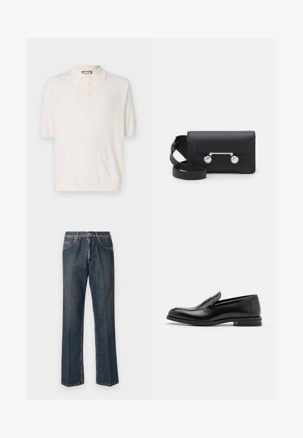Short-sleeve polo shirt in cream with a classic collar, four-button placket, and ribbed hem. Made from soft, lightweight fabric.; Dark blue straight-leg denim jeans with front button, zip fly, double front pockets, and visible vertical creases down the legs.; Black leather loafers with a smooth texture, rounded toe, and a decorative strap across the vamp. Low stacked heel, minimalist design.; Black leather crossbody bag with a flap closure, silver-tone hardware, and two round accents. Features a detachable strap. Smooth texture.