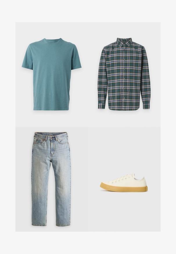 Teal cotton T-shirt with a crew neck, short sleeves, and a relaxed fit. Smooth texture with no visible patterns or hardware.; Green flannel shirt with a plaid pattern featuring blue, white, and mustard yellow lines. Buttoned front and pointed collar. Long sleeves.; Light blue denim jeans with high waist, front button, zipper, and five-pocket design, laid flat on a neutral background.; Canvas sneakers in off-white with a round toe, featuring beige rubber soles and five eyelets for laces, textured finish on the upper.