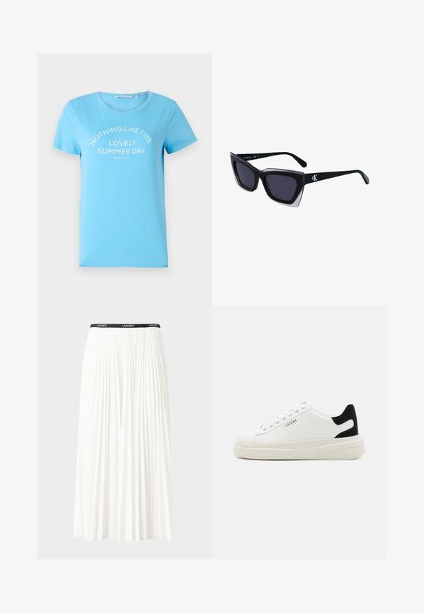 Világoskék pamut póló, kerek nyakkivágással és rövid ujjakkal, fehér színű "NINCS ILYEN CSODÁS NYÁRI NAP" felirattal. ; Plisszírozott fehér szoknya fekete elasztikus derékkal, amelyen a "LACOSTE" logó található. Középhosszú kialakítás, puha tapintással.; Fehér bőr sportcipők vastag fehér talppal, fekete velúr sarokpikkelyel és dombornyomott logóval az oldalon. Fűzős kialakítás, hat fűzőlyukkal.; Fekete, nagyméretű napszemüveg geometrikus formával, sötét lencsékkel és kontrasztos szürke részlettel a kereten. Logó a szárán.