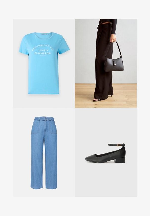 Light blue cotton t-shirt featuring a crew neck and short sleeves, printed with the text "NOTHING LIKE THIS LOVELY SUMMER DAY" in white.; Light blue denim wide-leg trousers with a belted waist, two front pockets, and a plain texture. Features a minimalist design and clean lines.; Black leather pump with a pointed toe and a low block heel. Features an ankle strap with a gold-tone buckle. Smooth texture.; Black handbag with structured shape, smooth texture, and a metallic clasp. Paired with wide black pants and open-toe sandals on wooden floor.