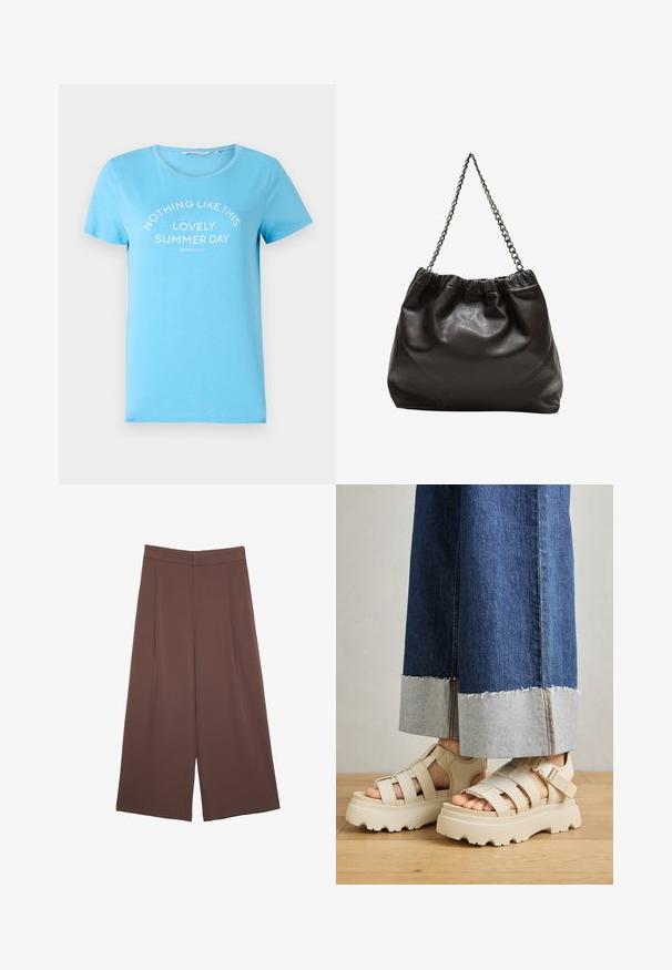 Svijetloplava pamučna majica s Crew izrezom i kratkim rukavima, s otisnutim tekstom "NIŠTA NE MOŽE BITI KAO OVA DIVNA LJETNA DANA" u bijeloj boji.; Smeđe hlače širokog kroja s glatkom teksturom, koje imaju visok struk i nabore sprijeda. Tkanina je lagana i slobodno se kreće.; Bež platforme sandale s debelim potplatima imaju dizajn s trakama i podesivim remenima oko gležnja. Nanesene su uz široke traperice, a jedna nogavica je pohabana.; Smeđa kožna torba s naboranim vrhom i lančićem za nošenje. Glatka tekstura s sjajnim završetkom i suptilnim šavnim detaljima sa strane.