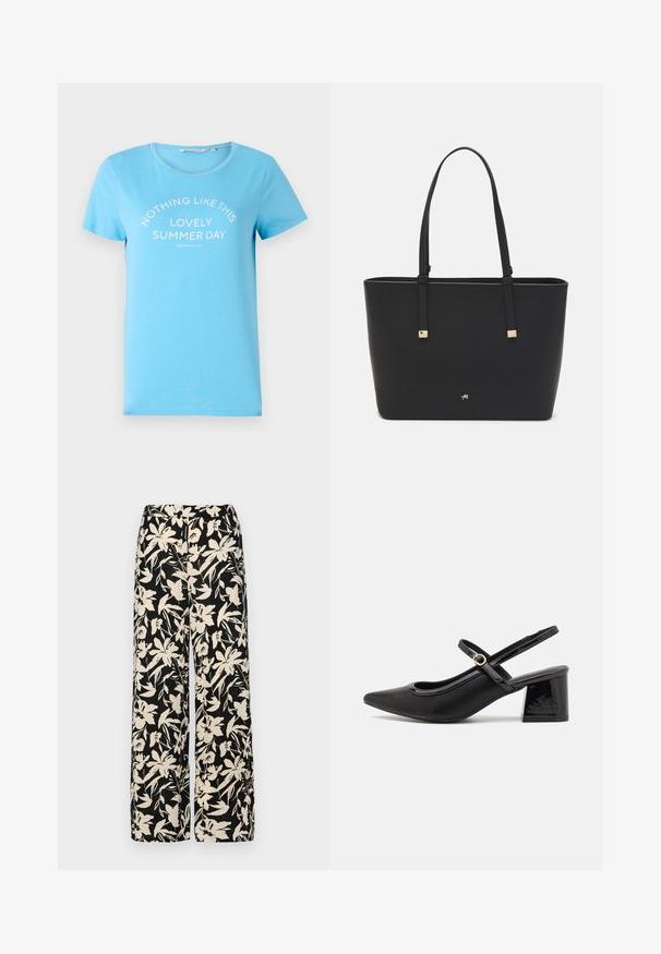 T-shirt de algodão azul claro com decote redondo e mangas curtas, impressa com o texto "NADA COMO ESTE LINDO DIA DE VERÃO" em branco.; Calças largas pretas com um padrão floral creme. Feitas de um tecido leve, apresentando uma textura suave e uma cintura alta.; Sabrinas de cerâmica preta com salto bloco, bico apontado e um design com recortes arredondados. Apresenta um detalhe em fivela de tom dourado.; Saco tote preto feito de material sintético, apresentando um design retangular simples, com detalhes quadrados dourados e duas alças.