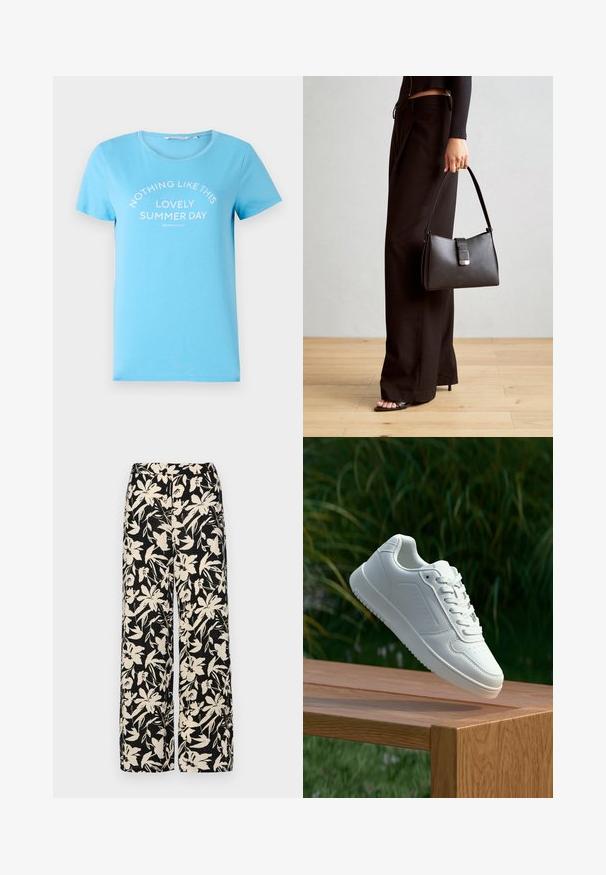 Světle modré bavlněné tričko s kulatým výstřihem a krátkými rukávy, potisknuté textem "NIC JAKO TENTO PĚKNÝ LETNÍ DEN" v bílé barvě.; Černé kalhoty s širokými nohavicemi a krémovým květinovým vzorem. Vyrobené z lehké tkaniny, s hladkým povrchem a vysokým pasem.; Bílé tenisky s hladkým syntetickým svrškem, perforovanou špičkou, plochými tkaničkami a texturovanou podrážkou, vystavené na dřevěném povrchu.; Černá kabelka se strukturovaným tvarem, hladkým povrchem a kovovým uzávěrem. Kombinována s širokými černými kalhotami a sandály s otevřenou špičkou na dřevěné podlaze.