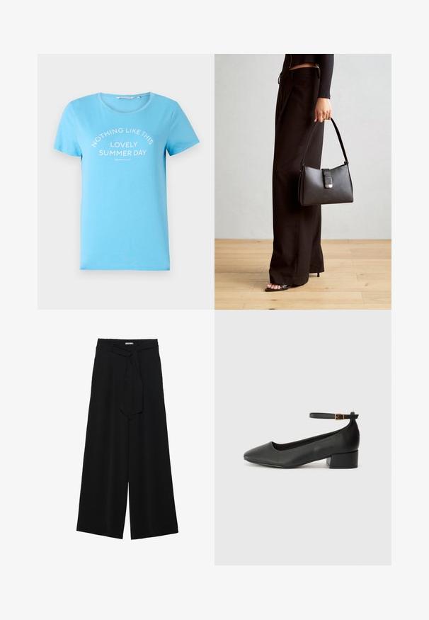 Svijetloplava pamučna majica s Crew izrezom i kratkim rukavima, s otisnutim tekstom "NIŠTA NE MOŽE BITI KAO OVA DIVNA LJETNA DANA" u bijeloj boji.; Crne široke hlače od teksturirane tkanine, s elastičnom pojasom i odvojivim remenom na struku za prilagodivo pristajanje.; Crne kožne pumpe s oštrim vrhom i niskom blok petom. Sadrže remen oko gležnja s zlatnim kopčanjem. Glatka tekstura.; Crna torba s oblikom koji sadrži strukturu, glađu teksturu i metalnu kopču. Uparena s širokim crnim hlačama i sandalama na otvorenom s drvenog poda.