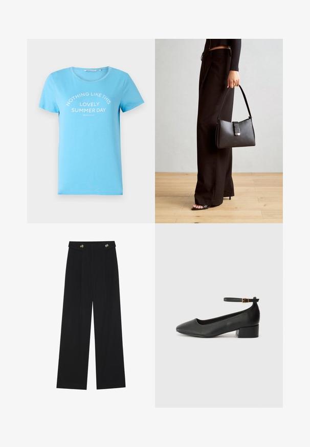 Jasnoniebieska bawełniana koszulka z okrągłym dekoltem i krótkimi rękawami, z nadrukiem tekstu "NIC NIE JEST JAK TEN UROCZY LETNI DZIEŃ" w białym kolorze.; Czarne szerokie spodnie z wysokim stanem, z detalami w postaci guzików na pasku oraz plisami z przodu.; Czarne skórzane szpilki z ostrym noskiem i niskim słupkowym obcasem. Wyposażone w pasek na kostkę z złotym zapięciem. Gładka tekstura.; Czarna torebka o usztywnionym kształcie, gładkiej fakturze i metalowym zapięciem. Połączona z szerokimi czarnymi spodniami i sandałami na otwartym palcu na drewnianej podłodze.