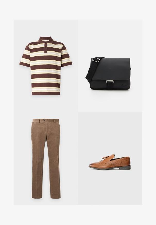 Bomba polo majice v rjavi in rumeni barvi s črtami, kratkimi rokavi, placket s tremi gumbi, bombažni material, teksturirana tkanina z različnimi širvinami črt.; Rjav kordurojski hlače z navpično rebrasto teksturo, ravna kroja, z enim gumbom za zapiranje in dvema sprednjima žepoma.; Rjave usnjene čevlje s perforiranjem, teksturiranimi stranicami, ravnim podplatom in dekorativnim vozelcem na zgornjem delu. Klasična zasnova z gladko površino.; Črna messenger torba iz teksturiranega materiala z zapiranjem na pokrov, nastavljivim trakom in kovinsko opremo. Ima detajl z logotipom na sprednji strani.