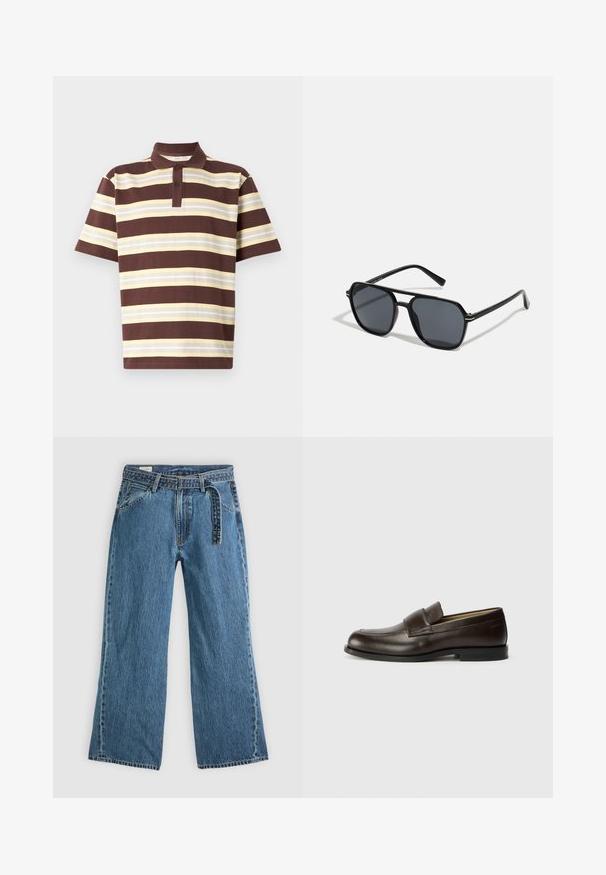Brun og gulstripet polo skjorte, kortermet, tre knapper på fronten, bomullsmateriale, teksturert stoff med varierende stripebredder.; Lyse blå denim brede bukser med festet belte, frontlommer og synlig søm på en enkel lys bakgrunn.; Calvin Klein Slippers - cocoa brown; Sorte solbriller med ottekantet ramme, mørke linser, blank finish, tynde stænger og guld accenter på fronten.