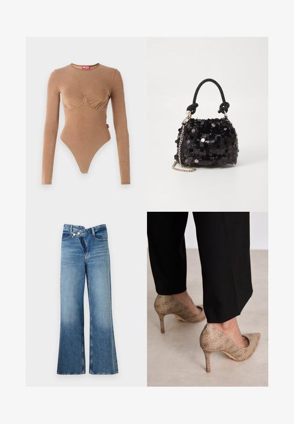 Barna, hosszú ujjú body, kerek nyakkivágással és ráncolt dekoltázzsal. Simított anyagból készült, tangás alsó résszel és kis logós címkével rendelkezik.; Világoskék, harang szabású farmernadrág magas derékkal, két gombbal és elülső zsebekkel. Az anyag megjelenése kopott, apró eltérésekkel.; Beige magassarkú cipők texturált anyagból, ismétlődő mintával. Hegyes orrú kialakítás, hátsó díszítéssel és arany sarkú részlettel.; Fekete flitteres mini kézitáska csomózott textúrájú pánttal és ezüst lánccal. Lekerekített forma, ráncolt tetejével és fényvisszaverő részletekkel.