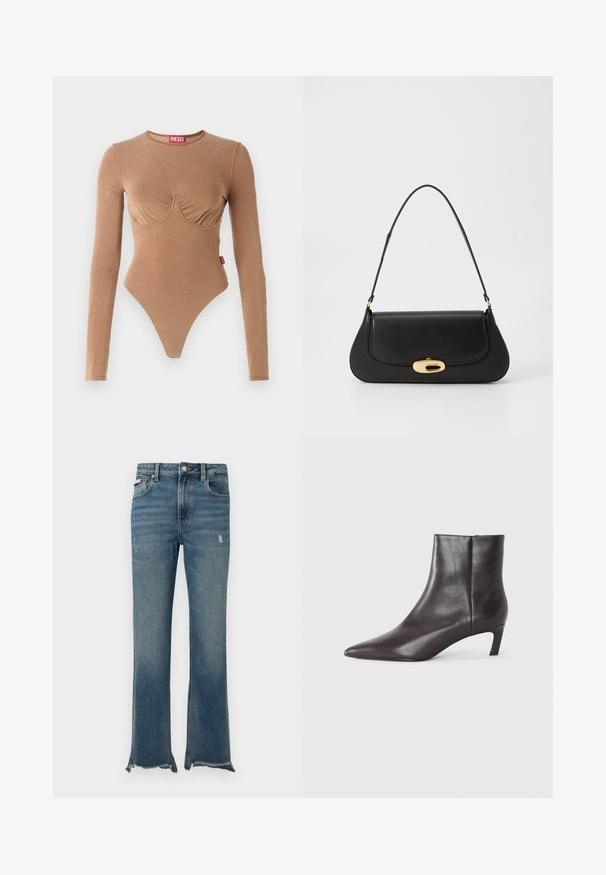 Rudas ilgomis rankovėmis bodis su apvali iškirpte ir sugėrimo krūtine. Pagamintas iš lygaus audinio, turi thong tipo apatinę dalį ir mažą logotipo etiketę.; Mėlyni džinsai, pagaminti iš džiuto audinio, su šiek tiek dėvėjimosi požymių, neapdorotais sukirptais kraštais, priekinėmis kišenėmis, diržo kilpelėmis ir segimi mygtuku.; Juodas odinis kulkšninis batai su smailu nosimi ir žemu katės kulnu, lygus paviršius, šoninė užtrauktuko sistema, rodomas neutralioje fone.; Juodas odinis rankinės su išlenktu dizainu, auksinių atspalvių furnitūra ir viršutine rankena. Savybės - stilingas uždarymas ir glotni tekstūra.