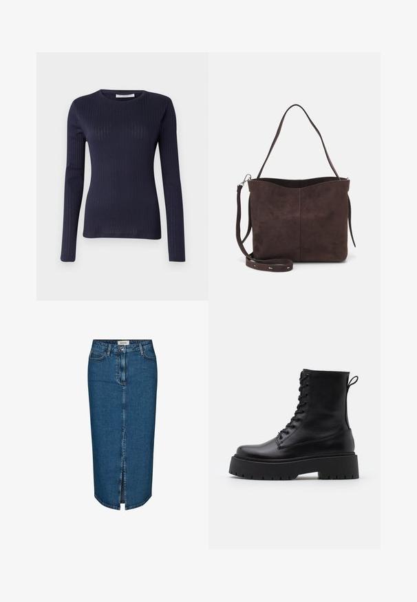 Tengerészkék, hosszú ujjú felső bordázott textúrával, kerek nyakkivágással és testhezálló szabással rendelkezik, amely sima anyagot mutat be, finom fényben.; Sötétkék farmer ceruzaszoknya, elülső hasítékkal, öt zsebbel és kontrasztos varrással. Közepes derékmagasság, klasszikus dizájn.; Fekete bőr bokacsizma, kerek orral, fűzős elülső résszel és vastag, texturált gumitalppal. Húzófül hátul.; Barna velúrbőr táska puha tapintással, egyetlen vállpánttal és finoman ívelt felső nyitással. Nincs látható fémrész.