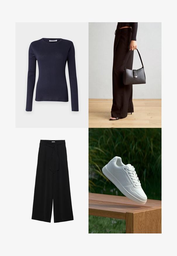 Ναυτικό μπλουζάκι μακρύ μανίκι σε ριγμένο υφή, διαθέτει στρογγυλή λαιμόκοψη και εφαρμοστή σχεδίαση, αναδεικνύοντας ένα λείο ύφασμα με διακριτική γυαλάδα.; Μαύρο παντελόνι με φαρδιά πόδια, φτιαγμένο από υφασμάτινη ύλη με υφή, με ελαστική μέση και αποσπώμενη ζώνη στη μέση για ρυθμιζόμενη εφαρμογή.; Λευκό αθλητικό παπούτσι με λείο συνθετικό επάνω μέρος, περforατισμένη μύτη, επίπεδα κορδόνια και υφασμένη σόλα, εκτεθειμένο σε ξύλινη επιφάνεια.; Μαύρη τσάντα χειρός με δομημένο σχήμα, λεία υφή και μεταλλικό κούμπωμα. Συνδυασμένη με φαρδιά μαύρα παντελόνια και σανδάλια ανοιχτής μύτης πάνω σε ξύλινο πάτωμα.