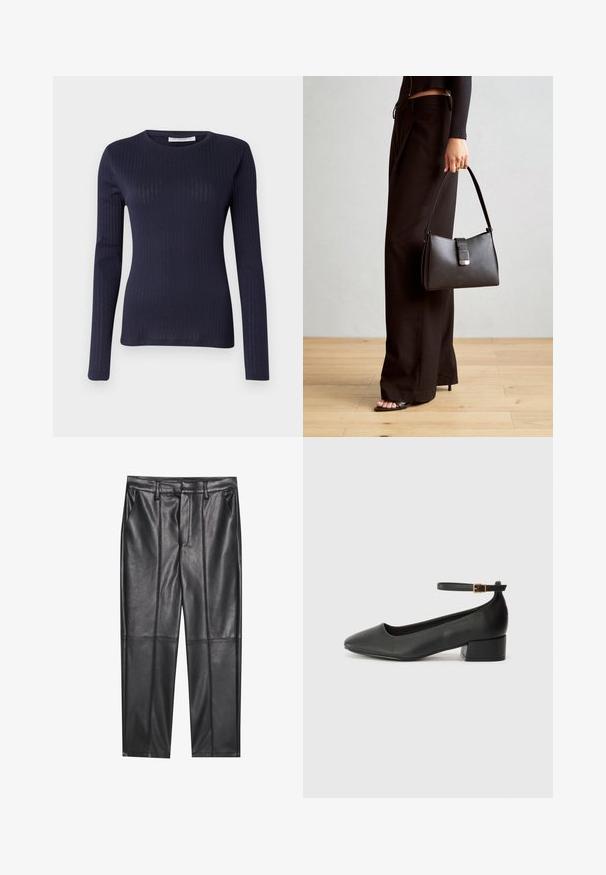 Jūras spēku garās piedurknes krekls ribotā tekstūrā, ar apaļu kakla izgriezumu un pieguļošu dizainu, parādot gludu audumu ar smalku spīdumu.; Melni ādas bikses ar gludu tekstūru, taisnas piegriezuma, divi priekšējie kabatas un redzami šuvju izstrādājumi.; Melnas ādas sūkņi ar smailu purngalu un zemu bloku papēdi. Iezīmēts ar potītes siksniņu ar zelta krāsas sprādzi. Gluda tekstūra.; Melnā somiņa ar strukturētu formu, gludu tekstūru un metālu sprādzi. Saskaņota ar platām melnām biksēm un sandālēm ar atvērtu purngalu uz koka grīdas.