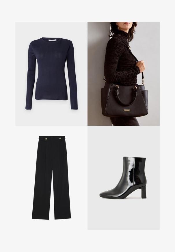 Navy long-sleeve top in ribbed texture, features a crew neckline and fitted design, showcasing a smooth fabric with subtle shine.; Black wide-leg trousers with high waist, button details on waistband, and front pleats.; Black patent leather ankle boot with a pointed toe and a mid-height block heel. Smooth texture and minimalist design.; Black handbag with textured surface, dual top handles, and adjustable shoulder strap. Features gold-tone hardware and side pockets.