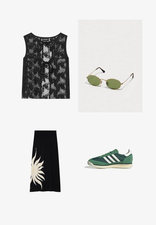 Zwarte kanten tanktop met een bloemenpatroon, een keyhole voering met strikdetails en een ronde halslijn. Het doorschijnende materiaal voegt textuur toe.; Zwarte rok met een groot wit zonnenontwerp aan één kant, zachte textuur en een vloeiende vorm, geschikt voor casual kleding.; Groene sportieve schoenen van een combinatie van suede en synthetische materialen, met drie witte strepen en een gestructureerde rubberen zool.; Ovale zonnebrillen met groene glazen, gouden metalen frame en donkerbruin plastic uiteinden. Lichtgewicht met zichtbaar Ray-Ban-logo op één glas.; Geel geplooide handtas van soepel nepleer, met een zachte vorm, een enkele schouderriem en een verzameld ontwerp aan de bovenkant.