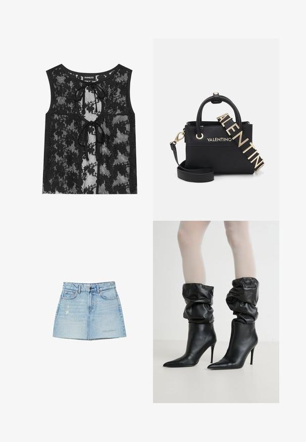 Črn čipkast top z naramnicami, ki ima cvetlični vzorec, odprtino na sprednji strani s trakovi in krožnim izrezom. Prosojna tkanina dodaja teksturo.; Svetlo modra denim krila z rahlo A-obliko, razfrčenim robom in zbledelimi poudarki. Ima zanke za pas in sprednje žepe.; Črne usnjene gležnjarje z ohlapnim dizajnom, koničastim nosom in visokim stiletto peto, ki imajo mehak, teksturiran zaključek okoli zaveza.; Črna usnjena torbica z teksturo, z zlatim okovjem, dvojni ročaji in snemljiva naramnica, na kateri je vtisnjeno ime blagovne znamke.