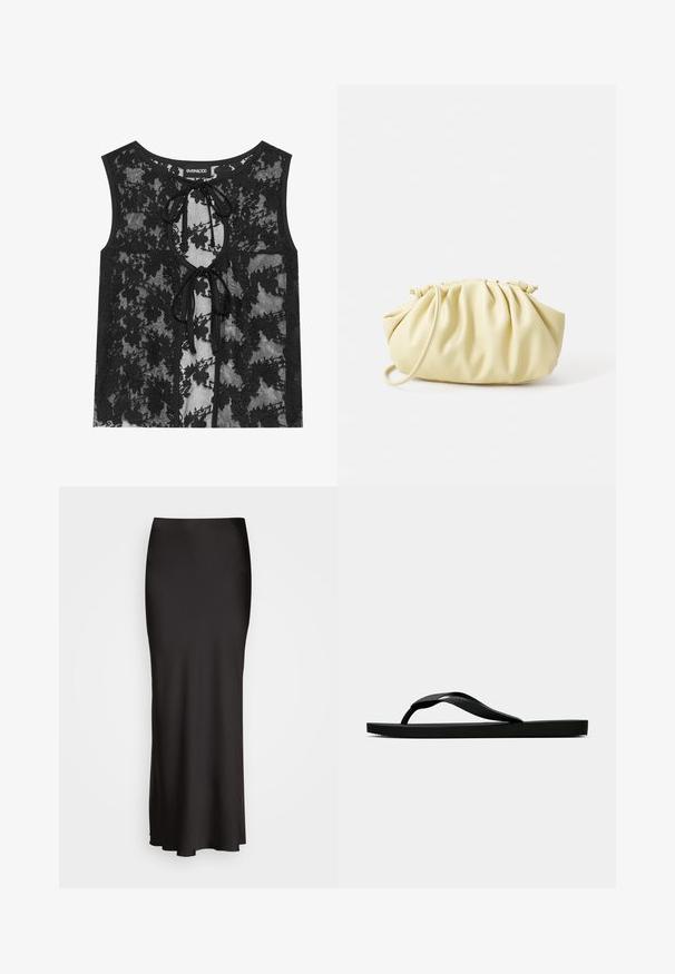 Zwarte kanten tanktop met een bloemenpatroon, een keyhole voering met strikdetails en een ronde halslijn. Het doorschijnende materiaal voegt textuur toe.; Zwarte, vloerlange satijnen rok met een gladde textuur, een aansluitende tailleband en een A-lijn silhouet, zonder zichtbare versieringen of patronen.; Zwarte rubberen flip-flop sandaal met een getextureerde strap en een eenvoudige platte zool, zijaanzicht op een effen lichte achtergrond.; Geel geplooide handtas van soepel nepleer, met een zachte vorm, een enkele schouderriem en een verzameld ontwerp aan de bovenkant.