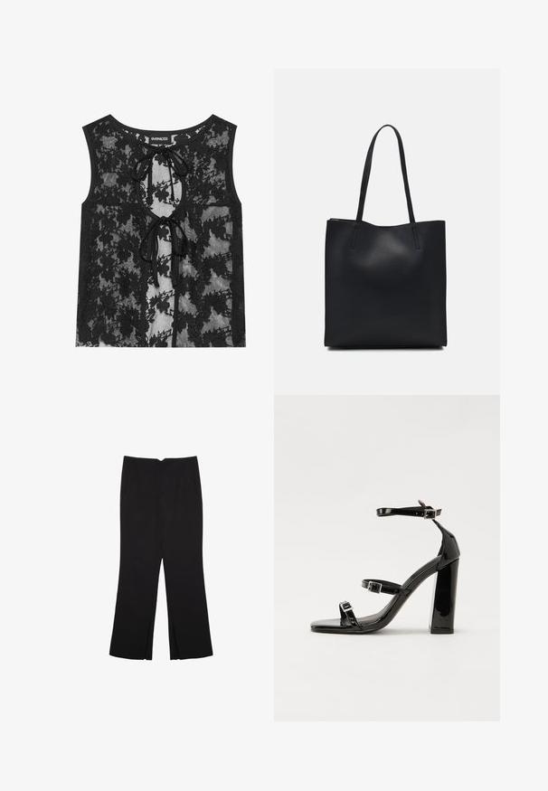 Crna čipkasta majica bez rukava s cvjetnim uzorkom, prorezom sprijeda s vezicama i okruglim izrezom. Prozirna tkanina dodaje teksturu.; Crne hlače ravnog kroja, s prednjim džepovima i bočnim prorezima na rubu. Izrađene od mekog i glatkog materijala. Pogodne za razne prigode.; Crne lakirane sandale na visoku petu s dva remena s kopčama, kvadratnim vrhom i masivnom blok petom, s glatkom, sjajnom teksturom.; Crna kožna torba za nošenje s glatkom teksturom, pravokutnim oblikom i dvije duge ručke. Nema vidljivih metalnih dijelova ili ukrasa.