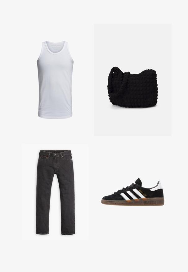 Hvit bomullstopp med rund hals, brede skulderstropper og minimal merking trykt inni kragen. Myk tekstur, ledig passform.; Svarte straight-leg denim jeans med fem lommer, knappelukking og kobbernitter lagt flatt på en hvit bakgrunn.; Sorte Adidas sneakers med hvite striper, gull "Spezial" tekst, gummisåle og hvit hælklaff, vist fra profil.; Svarte tekstilveske med en strukturert, quiltet mønster. Rund form, korte, tykke håndtak og en myk, fleksibel struktur.