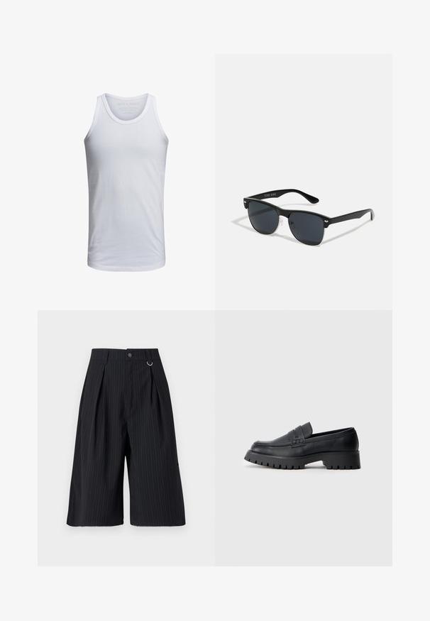 White cotton tank top with a crew neckline, wide shoulder straps, and minimal branding printed inside the collar. Soft texture, casual fit.; Black pinstripe shorts with pleats, a button closure, and a metal ring accent. Smooth fabric with a tailored fit and knee-length design.; Black leather loafers with a rounded toe, featuring a decorative strap and a chunky rubber sole with deep treads for traction.; Black sunglasses with a rectangular shape, dark lenses, silver accents at the temples, and a matte finish on the frame.