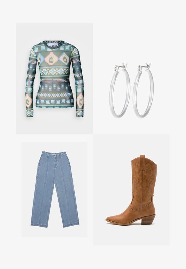 Long-sleeve top in sheer fabric featuring a colorful pattern of lanterns, flowers, and geometric shapes in shades of green, pink, and blue.; Light blue wide-leg jeans made of denim. Features a high waist, button closure, and visible stitching. No pockets are visible on the front.; Tan leather cowboy boot with pointed toe, embroidered swirl patterns on shaft, and a stacked block heel. Features a pull tab for easy wear.; Silver hoop earrings with a smooth, polished finish. Round shape and secure click-top closure. Lightweight design suitable for everyday wear.
