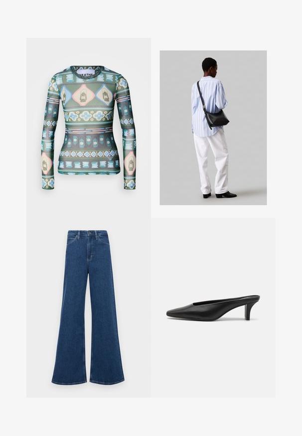 Ilga piedurkņu blūze no caurspīdīga auduma ar krāsainu rakstu, kurā attēloti laternas, ziedi un ģeometriskas formas zaļā, rozā un zilā krāsā.; Zilas džinsas flared bikses ar augstu jostasvietu, kas aprīkotas ar piecām kabatām, pogu aizdari un kontrastējošu dūriens uz šuvēm.; Melnas ādas smailes čības ar zemu stiletto papēdi. Gluda tekstūra, minimālistisks dizains un atvērta aizmugure vieglai uzvilkšanai.; Melna ādas plecu soma ar mīkstu tekstūru, trīsstūra formu un regulējamu siksnu, apvienota ar gaiši zilu svītrotu krekli un baltām biksēm.