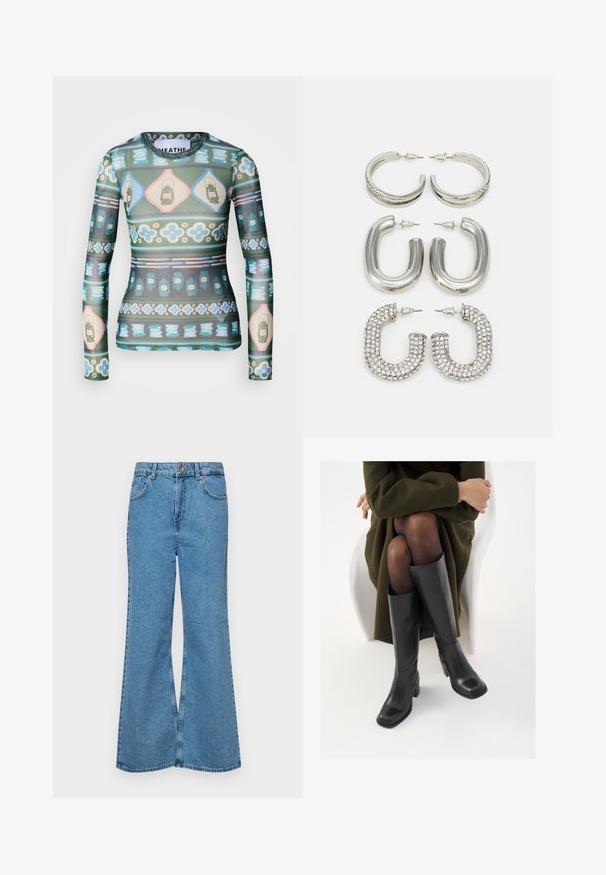 Ilga rankovė viršuje, pagaminta iš permatomo audinio, su spalvingu žibintų, gėlių ir geometrinių formų raštu žaliuose, rožiniuose ir mėlynuose atspalviuose.; Šviesiai mėlynos flared džinsai, pagaminti iš džinsinio audinio, su aukštu liemeniu, penkiomis kišenėmis ir vienu mygtuko užsegimu. Minkštas paviršius su išblukusiu efektu.; Juodos odinės pradžios ilgio bateliai su kvadratu formos nosimi ir bloko kulnu, demonstruojami su modeliu, sėdinčiu alyvuogių žalios spalvos švarku. Lygi tekstūra, minimalus puošimas.; Keturi sidabrinių auskarų poros: du blizgūs lygaus žiedo dizainai, vienas tekstūruotas ir vienas padengtas mažomis skaidriomis cirkonio akmenėliais.