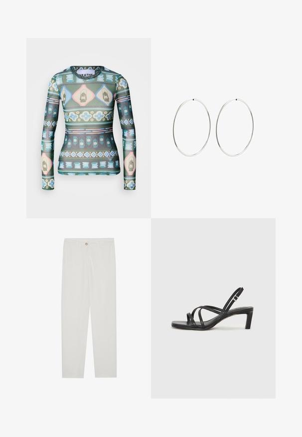 Langärmliges Oberteil aus transparenter Stoff mit einem bunten Muster aus Laternen, Blumen und geometrischen Formen in Grüntönen, Rosa und Blau.; Weisse, maßgeschneiderte Hosen mit geradem Bein, die über einen Knopfverschluss, Gürtelschlaufen und Seitentaschen verfügen; glatte Stoffoberfläche.; Schwarze Sandale mit Riemchen, quadratischer Zehenform und niedrigem Blockabsatz. Verfügt über mehrere dünne Riemen und einen verstellbaren Knöchelriemen. Hergestellt aus glattem Leder.; Silberne Creolen mit einem glatten, runden Design und einer polierten Oberfläche. Sie sind dünn und leicht und verfügen über einen einfachen Verschluss.