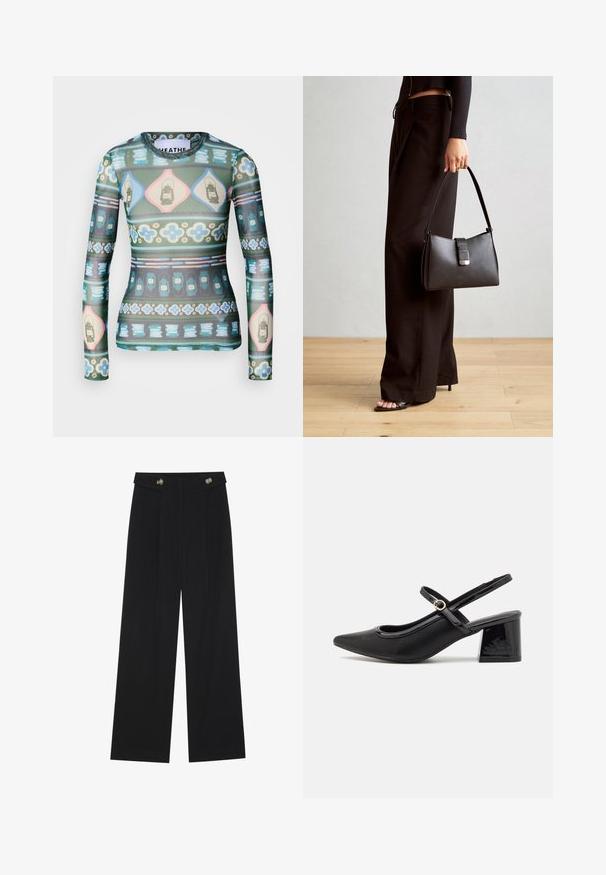 Langarmshirt van doorschijnende stof met een kleurrijk patroon van lantaarns, bloemen en geometrische vormen in tinten groen, roze en blauw.; Zwarte wijde broek met hoge taille, knoopdetails op de tailleband en plooien aan de voorkant.; Zwarte gepolijste leren slingback hakken met een spitse neus, een ronde uitsnede en een blokhak. Voorzien van een gouden gespaccent.; Zwarte handtas met gestructureerde vorm, gladde textuur en een metalen sluiting. Gecombineerd met brede zwarte broeken en sandalen met open teen op een houten vloer.