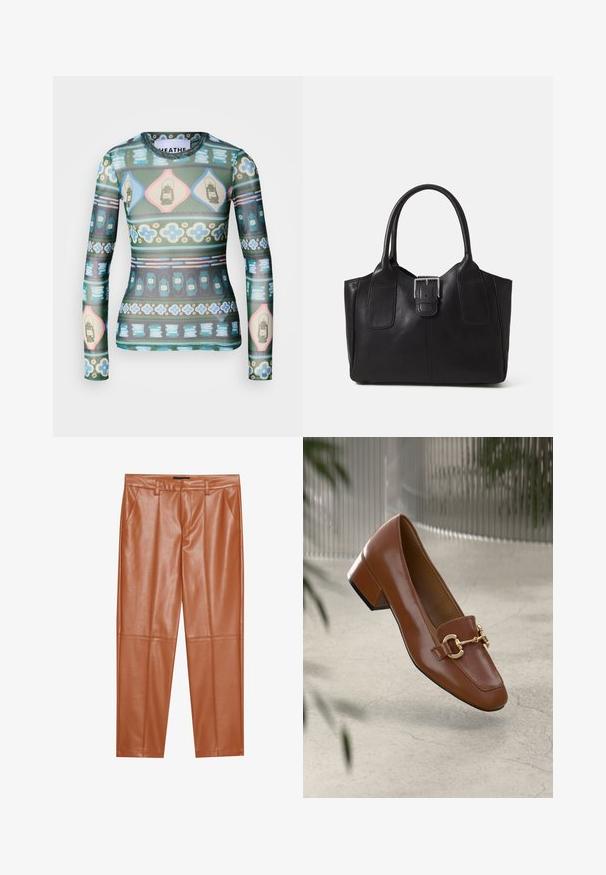 Dlouhý rukáv top z průhledné látky s barevným vzorem luceren, květin a geometrických tvarů v odstínech zelené, růžové a modré.; Hnědé kalhoty z umelecké kůže s přizpůsobeným střihem, s předními záhyby a rovnými nohavicemi. Hladká textura bez viditelných kovových prvků nebo akcentů.; Hnědé lakované kožené mokasíny se čtveratou špičkou, kovovým řetízkovým akcentem a nízkým blokovým podpatkem; hladká textura, minimalistický design.; Černá kožená tote taška s hladkým povrchem, strukturovaným tvarem, dvěma uchy a výrazným stříbrným detailem s přezkou na přední straně.