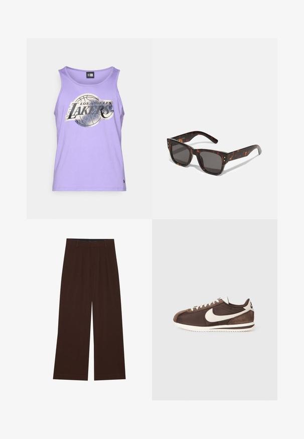 Lilla ermela tanktop laget av myk stoff med et sølvfarget Los Angeles Lakers-logo og basketballgrafikk på fronten.; Brune vide benbukser med plisseringer. Laget av et glatt stoff, med skjært midjebånd og sidelommer. Flat kant nederst.; Brun treningssko laget av en blanding av semsket skinn og lerret, med en hvit Nike swoosh-logo og en teksturert gummisåle.; Skilpaddeskjell-solbriller med mørke linser, firkantet ramme og sølvfargede nagler på fronten. Laget av plast, lett og holdbar.