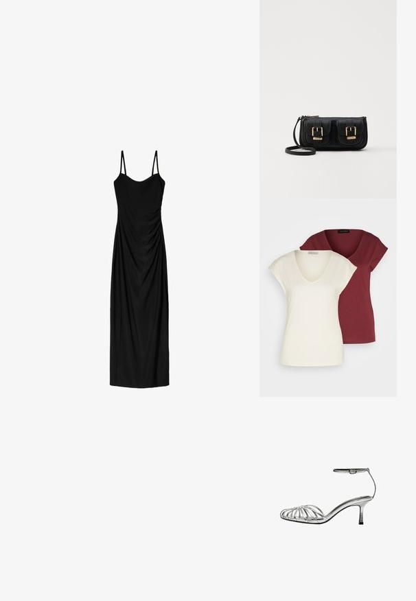 Zwei V-Ausschnitt-T-Shirts: eines in Creme mit kurzen Ärmeln, das andere in Burgunder. Beide bestehen aus weichem Baumwollstoff und haben eine lockere Passform.; Schwarzes Midi-Kleid mit dünnen verstellbaren Trägern, das ein drapiertes Design und eine glatte Textur aufweist. Keine sichtbaren Muster oder Verzierungen.; Silberne Sandale mit Riemchen und niedrigem Absatz, ausgestattet mit mehreren überkreuzten Riemen, einem Knöchelriemen mit Schnalle und einer glatten, glänzenden Oberfläche.; Schwarze Leder-Umhängetasche mit zwei vorderen Taschen, goldenen Schnallen, Reißverschluss und einem schmalen Tragegurt. Texturierte Oberfläche und kompakte rechteckige Form.