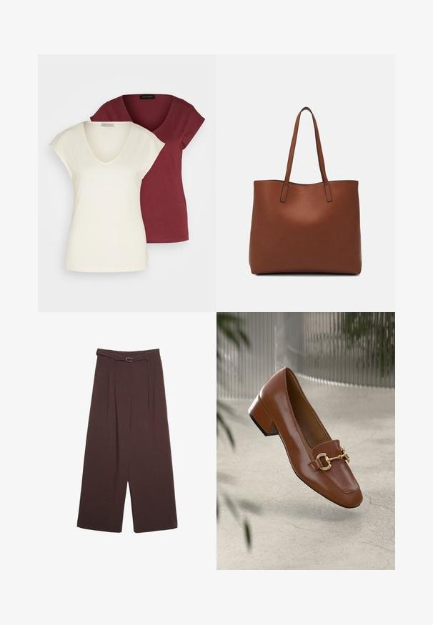 Dve v-neck majice: ena v kremni barvi z kratkimi rokavi, druga v burgundski barvi. Obe sta izdelani iz mehkega bombaža in imata sproščen kroj.; Stradivarius WIDE-LEG WITH BUCKLE DETAIL - Hlače - dark brown; Rjavi lakirani loafer z kvadratnim nosom, kovinsko verigo kot okrasom in nizko blok podplatom; gladka tekstura, minimalističen dizajn.; Rjava usnjena torba z gladko teksturo, odprto zasnovo zgoraj in dvema naramnima trakovoma. Opremljena je z minimalnim šivanjem in brez vidnih kovinskih delov.