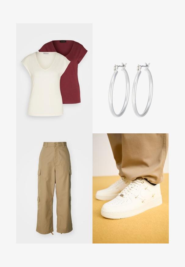 Dve v-neck majice: ena v kremni barvi z kratkimi rokavi, druga v burgundski barvi. Obe sta izdelani iz mehkega bombaža in imata sproščen kroj.; Bežne cargo hlače z visokim pasom, širokimi nogami in štirimi velikimi stranskimi žepi. Narejene so iz trpežnega materiala z gladko teksturo in minimalnimi detajli.; Bela usnjena športna obutev s perforiranim prstom, zlatimi poudarki in ravnimi vezalkami, v kombinaciji s bež hlačami na teksturirani rumeni površini.; Srebrni obroči za ušesa z gladko, polirano površino. Okrogla oblika in varna zaponka s klikom. Lahka zasnova, primerna za vsakodnevno nošenje.