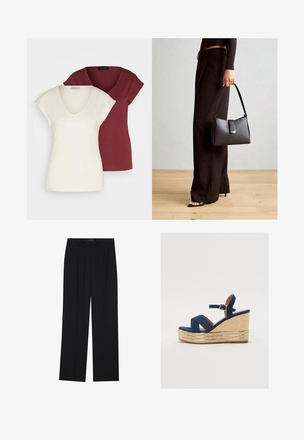 Kaks v-kaelusega T-särki: üks kreemjas, lühikeste varrukatega, teine tumepunane. Mõlemad on valmistatud pehmest puuvillast ja neil on mugav lõige.; Mustad püksid sirgjoonelise disainiga, millel on kaks esist taskut ja muudatus. Valmistatud siledast, kergekaalulisest kangast.; Tumesinine klotsmanisaapad ristatud rihmadega, tekstureeritud looduslikust kiust platvorm ja kuldne metallist aktsent põhjas.; Must musta kott, millel on struktureeritud kuju, sile tekstuur ja metallist klamber. Kombineeritud laiate mustade pükstega ja avatud varvaste sandaalidega puidust põrandal.