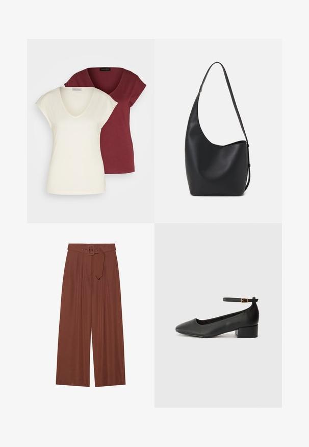 Two v-neck t-shirts: one in cream with short sleeves, the other in burgundy. Both feature soft cotton fabric and a relaxed fit.; Wide-leg trousers in brown fabric, featuring a belt with a square buckle, pleated design, and smooth texture.; Black leather pump with a pointed toe and a low block heel. Features an ankle strap with a gold-tone buckle. Smooth texture.; Black leather hobo bag with a smooth texture, curved shape, and single adjustable strap; features a wide opening at the top.