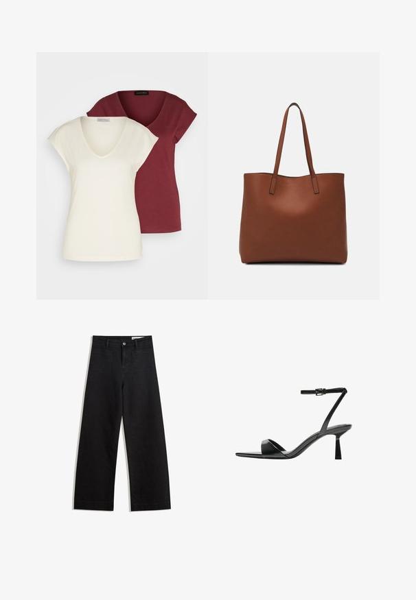 Kaksi v-neck t-paitaa: toinen kermaisen sävyinen lyhythihainen ja toinen viininpunainen. Molemmat ovat pehmeää puuvillakangasta ja rentoa istuvuutta.; Mustat leveät farkut korkealla vyötäröllä, joissa on etu- ja takataskut, ommellut saumat ja nappisuljenta. Silkinoinen rakenne.; Bershka Korolliset sandaalit - black; Ruskea nahkainen olkalaukku, jossa on sileä pinta, avoin yläosa ja kaksi olkahihnaa. Omaavat vain minimaalisen ompelun eikä näkyvää metalliosaa.