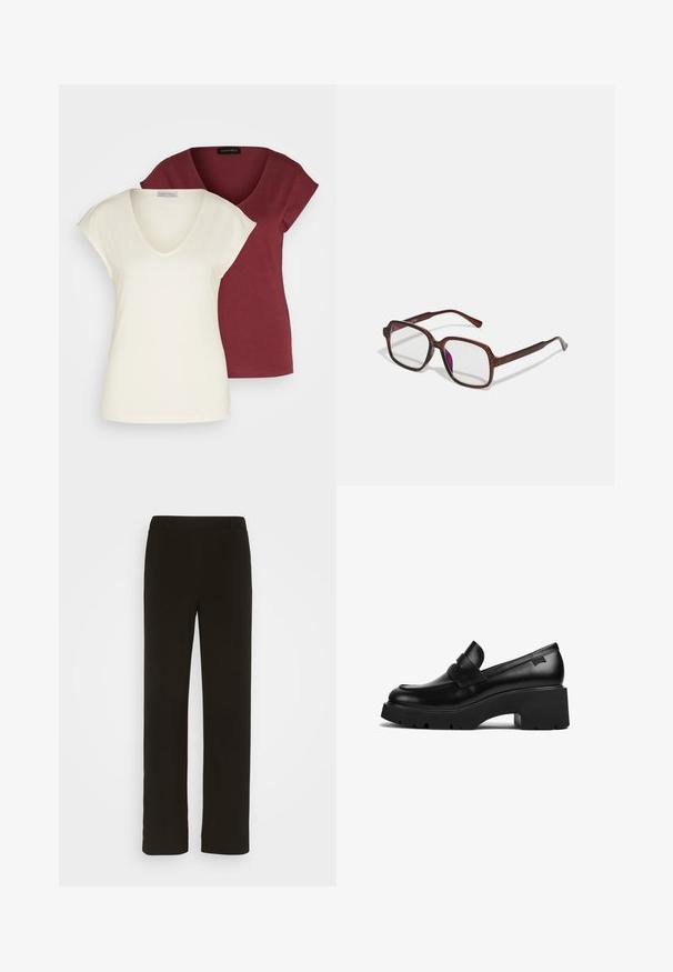 Kaks v-kaelusega T-särki: üks kreemjas, lühikeste varrukatega, teine tumepunane. Mõlemad on valmistatud pehmest puuvillast ja neil on mugav lõige.; Mustad, sirged jalad, mis on valmistatud kootud kangast, millel on lame esiosa, kaks külgtaskut ja sile tekstuur. Ilma nähtavate mustrite või aktsentideta.; Must musta jalgadega must nahast lohvik, paksu tallaga ja rihmaga ülevalt, kujutatud külgvaates valgel taustal.; Pruunid, ristkülikukujulised prilliraamid, millel on läbipaistvad läätsed ja lillakad tooni. Sile plastikraam otste kaared ja peente aksenditega.; Hõbedased rõngaskõrvarõngad, millel on sile, läikiv viimistlus. Ümmargune kuju ja turvaline klõpsulatus. Kerge disain, sobib igapäevaseks kandmiseks.